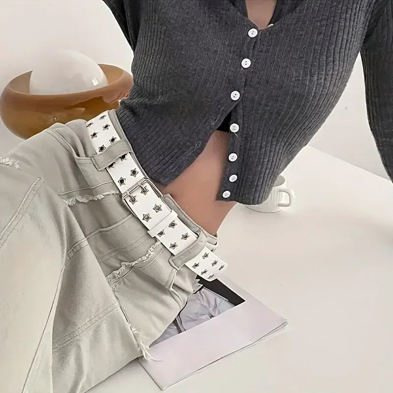 Nuevo cinturón con remaches de ojo de estrella estilo gótico hebilla de doble Pin hombre/mujer moda Casual estilo Punk Pu pretina de cuero para pantalones vaqueros Y2K