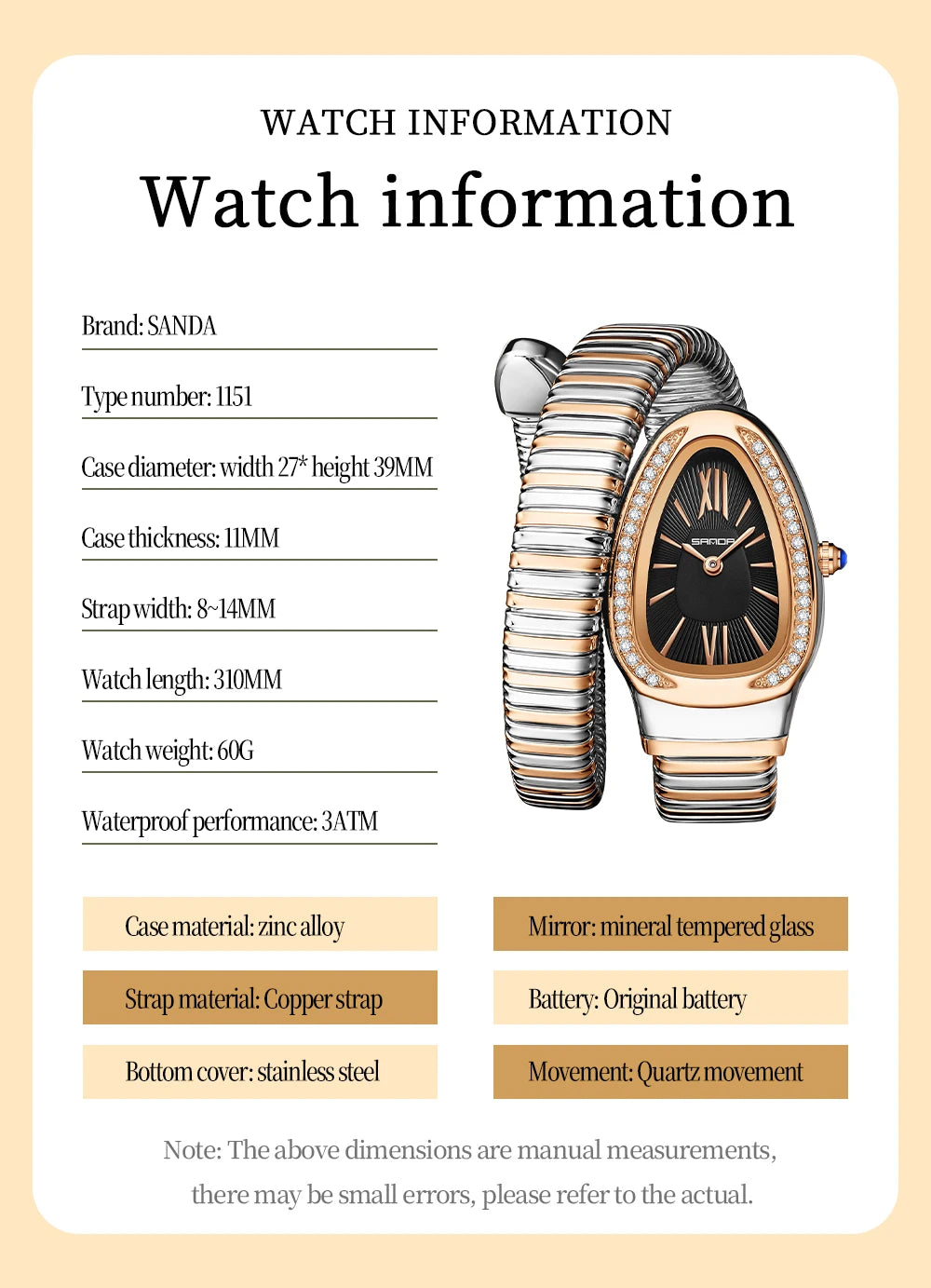 SANDA, superventas, 1151 reloj de mujer de gama alta con incrustaciones de diamantes en forma de serpiente, reloj de cuarzo de lujo ligero con temperamento Retro para mujer