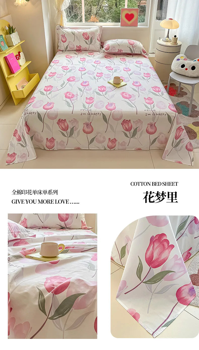 Sábana de algodón 100% con estampado de flores, sábanas dobles para niñas y niños, ropa de cama individual Queen King Size, 1 Uds.