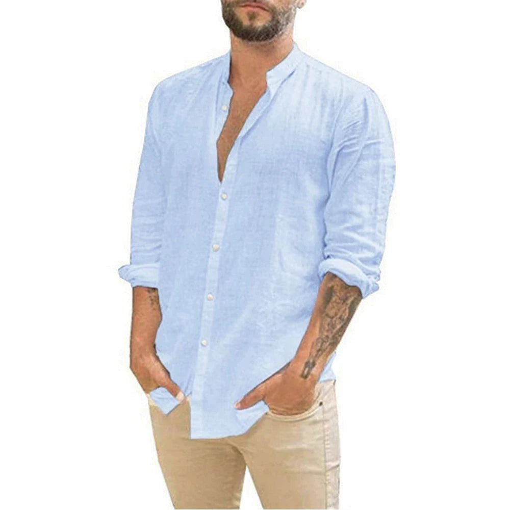 Camisas de manga larga para hombre, gran oferta de lino y algodón, Color sólido, cuello levantado, estilo informal de playa de talla grande, verano