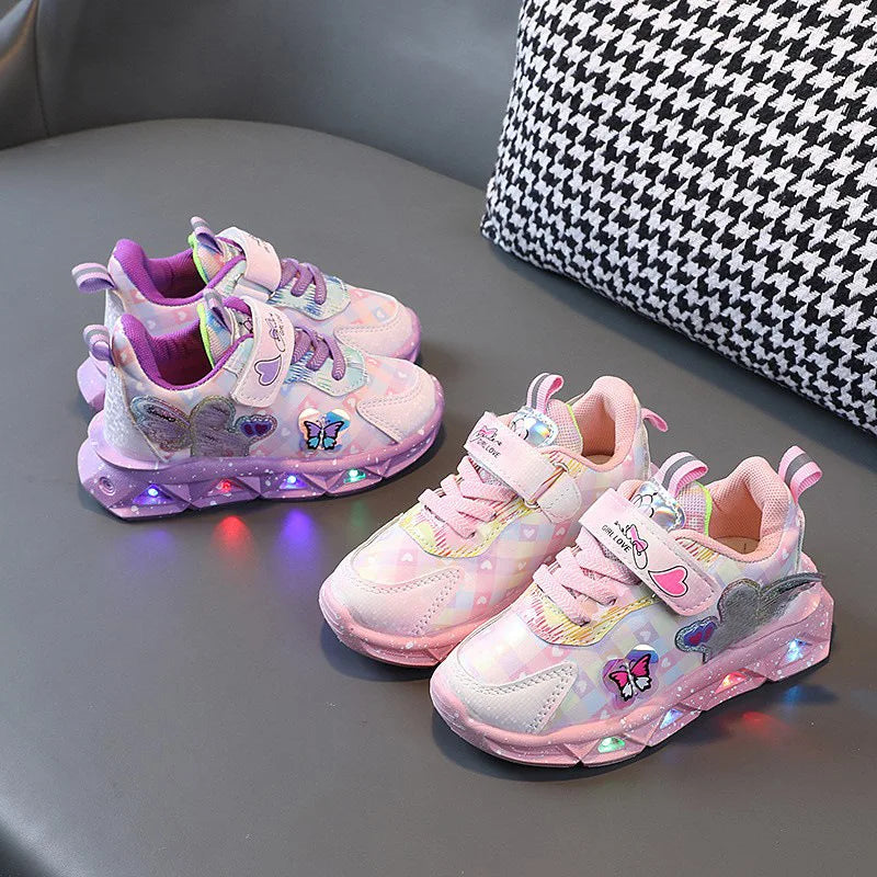 Zapatillas de deporte informales LED de Disney para niñas de primavera, zapatos de cuero Pu con estampado de princesa Elsa de Frozen, antideslizantes, iluminados, rosa y morado
