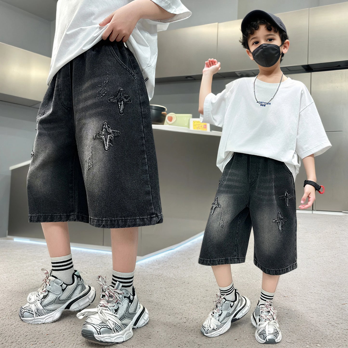 Boy Star Jeans 2025 Verano Nuevo Producto Moda Niños Denim Pantalones medios Pantalones cortos casuales para niños 5-15 años