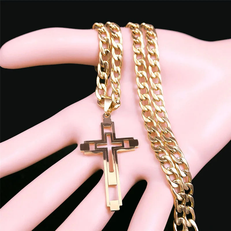 Collares de cadena de acero inoxidable con cruz de Hip Hop, collar con colgante largo de Color dorado para mujeres/hombres, joyerÃÂa para hombre N6055S05 2024