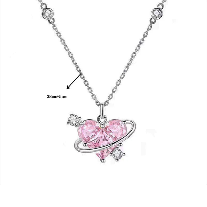 Collares con colgante de circonio y corazón de planeta rosa Y2K para mujer, collar de cadena de clavÃcula estética a la moda, regalo del DÃa de San ValentÃn, joyerÃa para fiesta