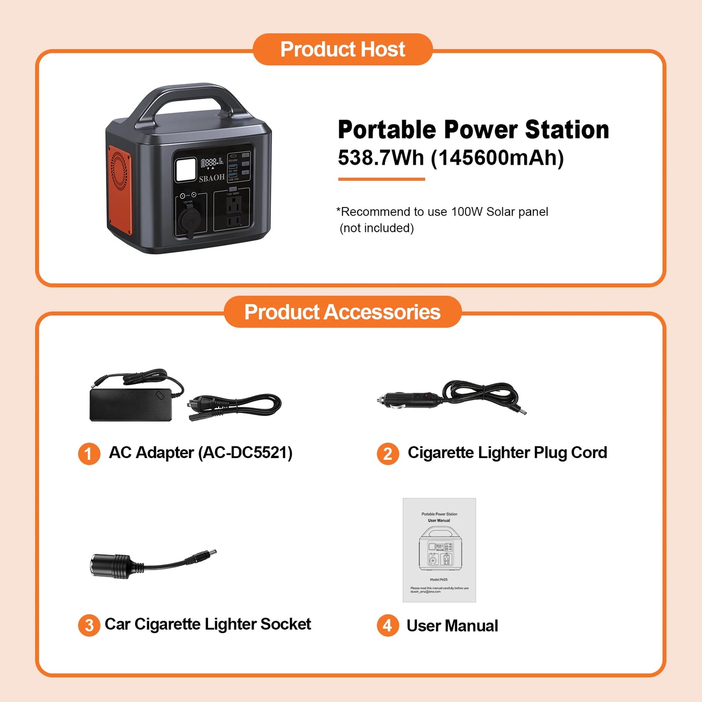 Central eléctrica SBAOH de 600 W, generador solar de 538,7 Wh 145600 mAh para acampar al aire libre, respaldo en el hogar, cortes de energía, (sin panel solar)