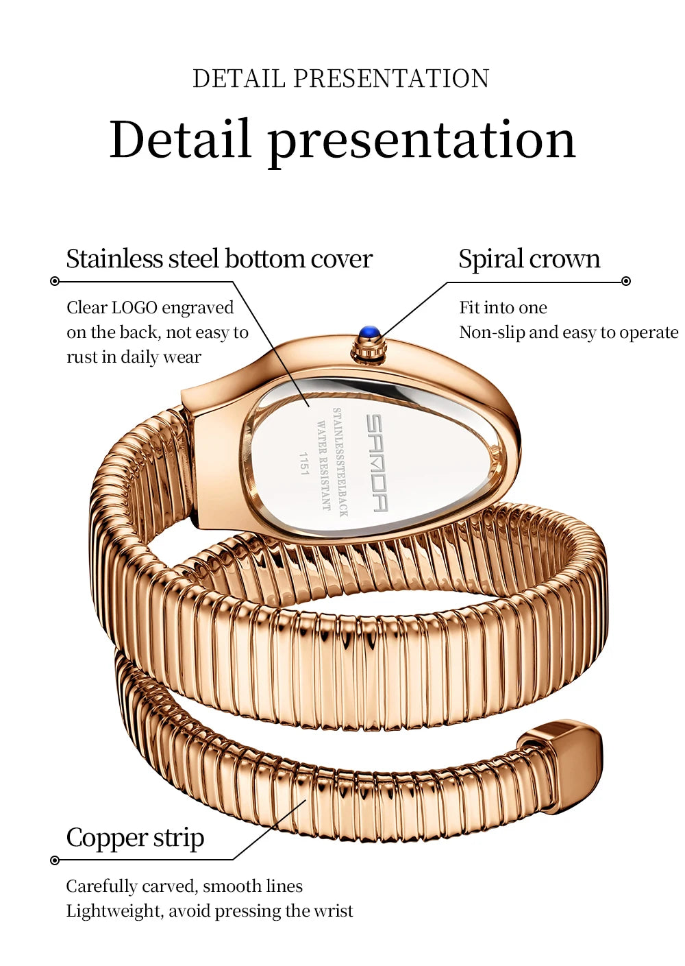 SANDA, superventas, 1151 reloj de mujer de gama alta con incrustaciones de diamantes en forma de serpiente, reloj de cuarzo de lujo ligero con temperamento Retro para mujer