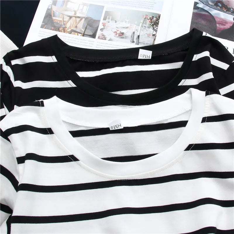1 pieza primavera y otoño invierno Top a rayas negras con estilo extranjero Ins camisa inferior mujer Camiseta de manga larga