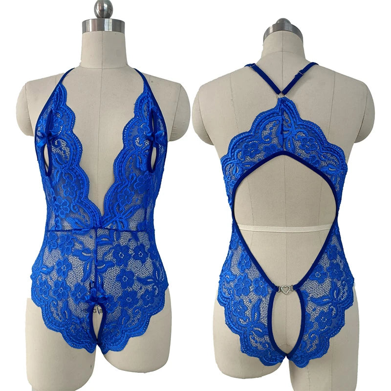 Ropa interior sin entrepierna Porno para mujer, recorte de encaje transparente, disfraces eróticos de peluche, lencerÃa Sexy, sujetador abierto en V profundo, vestido de muñeca para bebé