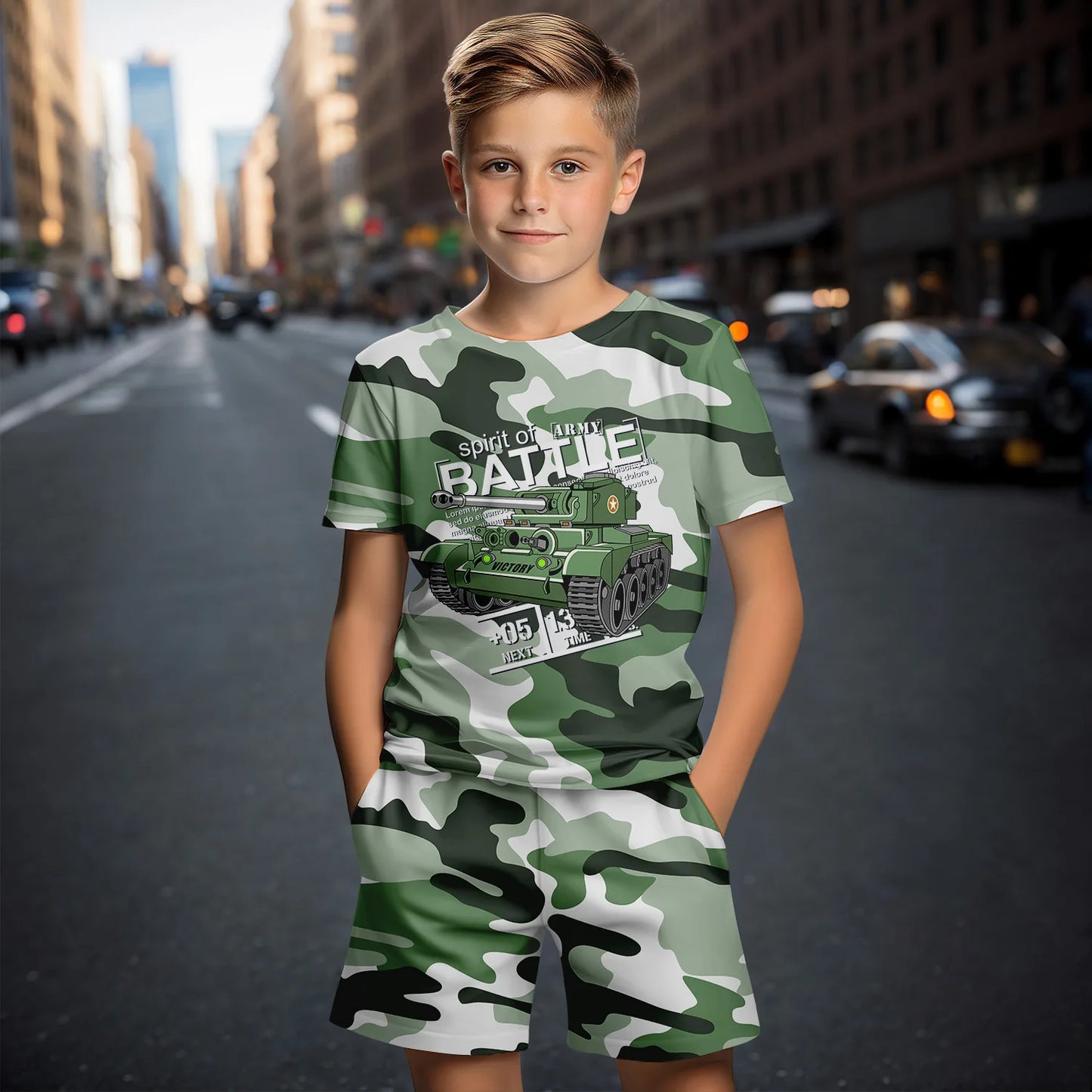 Traje de ropa para niños con estampado de camuflaje 3D, conjunto de camiseta de manga corta de verano, pantalones cortos, ropa para niño y niña, conjuntos para niños