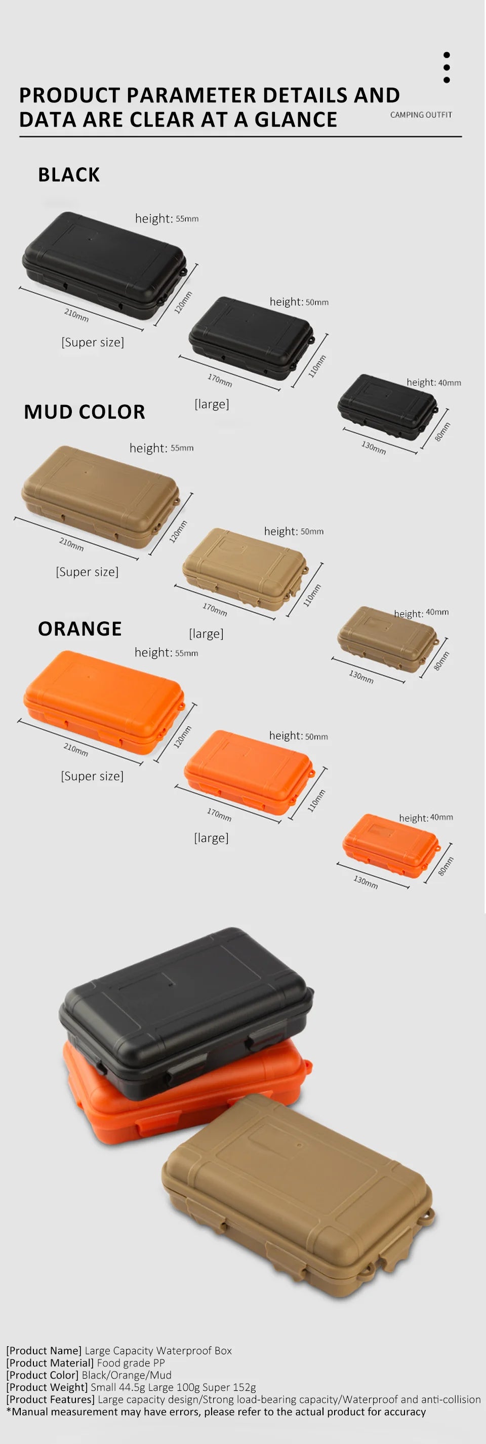 Caja de supervivencia sellada impermeable de plástico para exteriores, contenedor para acampar, caja de almacenamiento de viaje al aire libre, bolsa de aparejos de pesca, tamaño S/L/XL