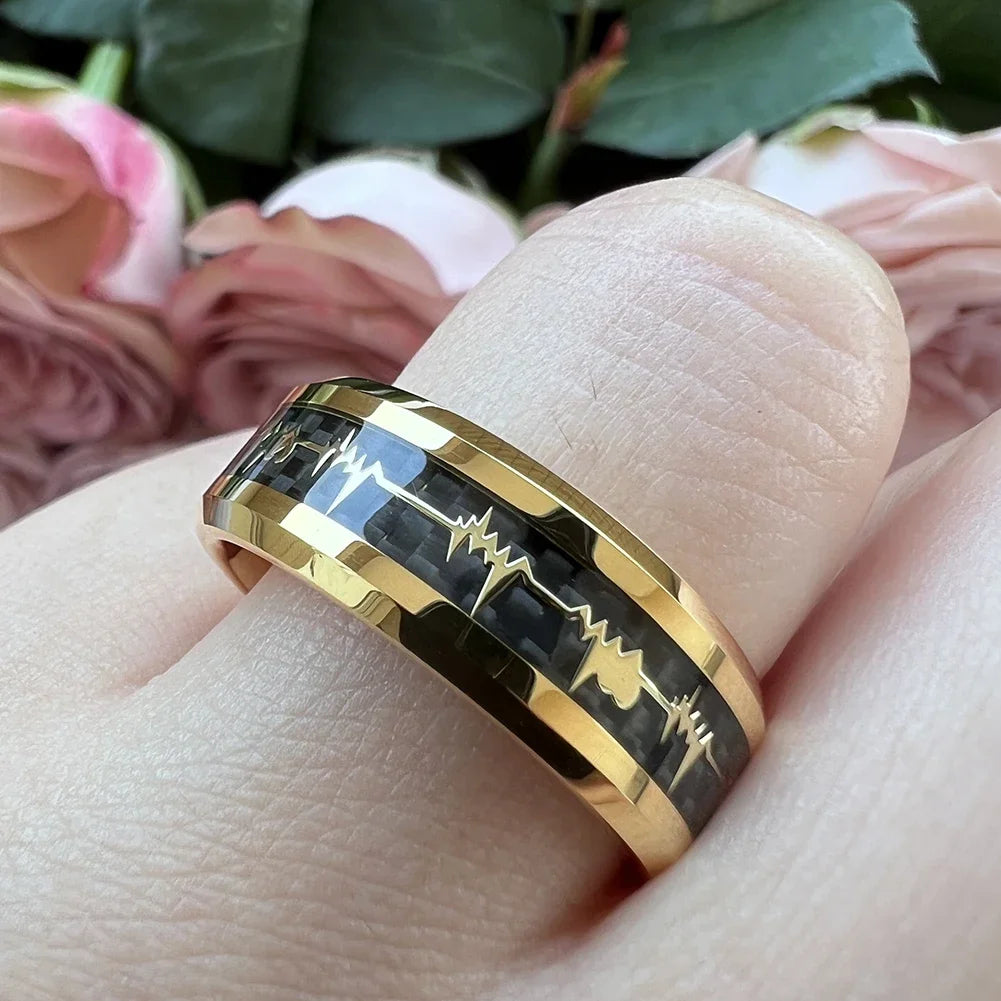 Anillos de compromiso de carburo de tungsteno con incrustaciones de corazón de fibra de carbono negra de 8mm a la moda, alianzas de boda con cúpula, pulido, brillante, ajuste cómodo