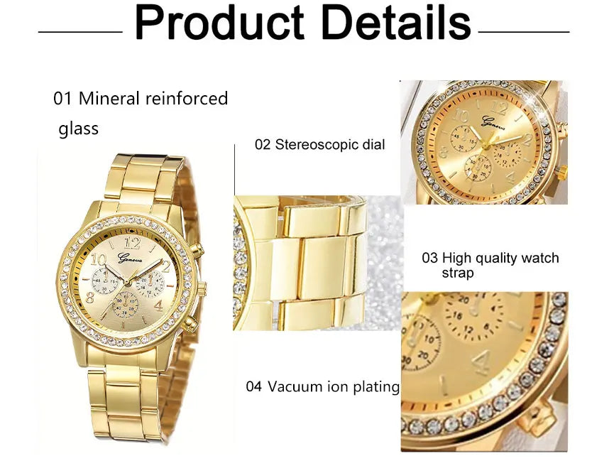 Juego de 5 piezas de reloj de oro para mujer, anillo de lujo, collar, pendientes, diamantes de imitación, reloj de pulsera de moda, relojes casuales para mujer, conjunto de pulsera