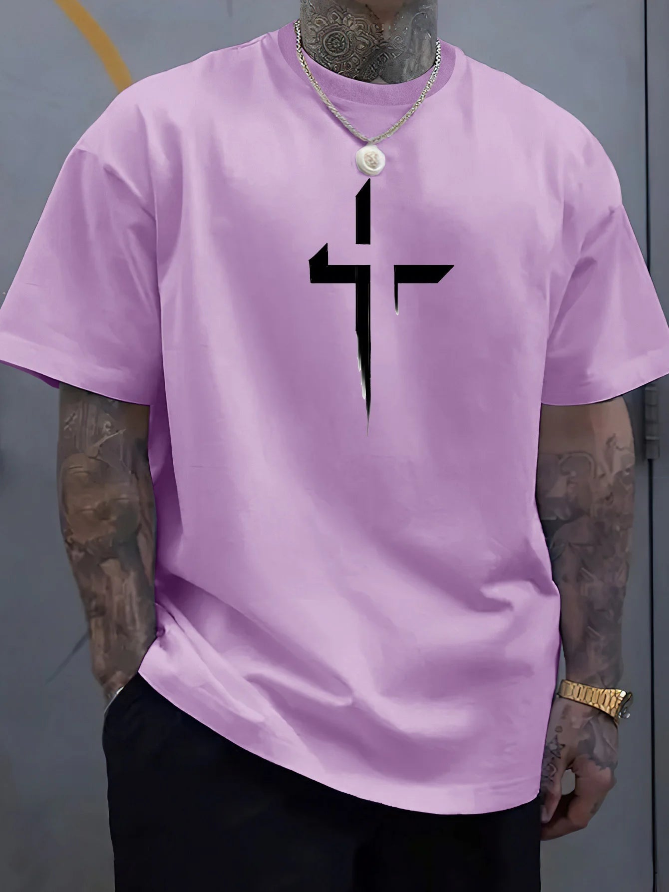 Camiseta de manga corta con cuello redondo para hombre, 100% de algodón puro, informal, holgada, de talla grande, con estampado creativo cruzado, deportiva, cómoda, de verano