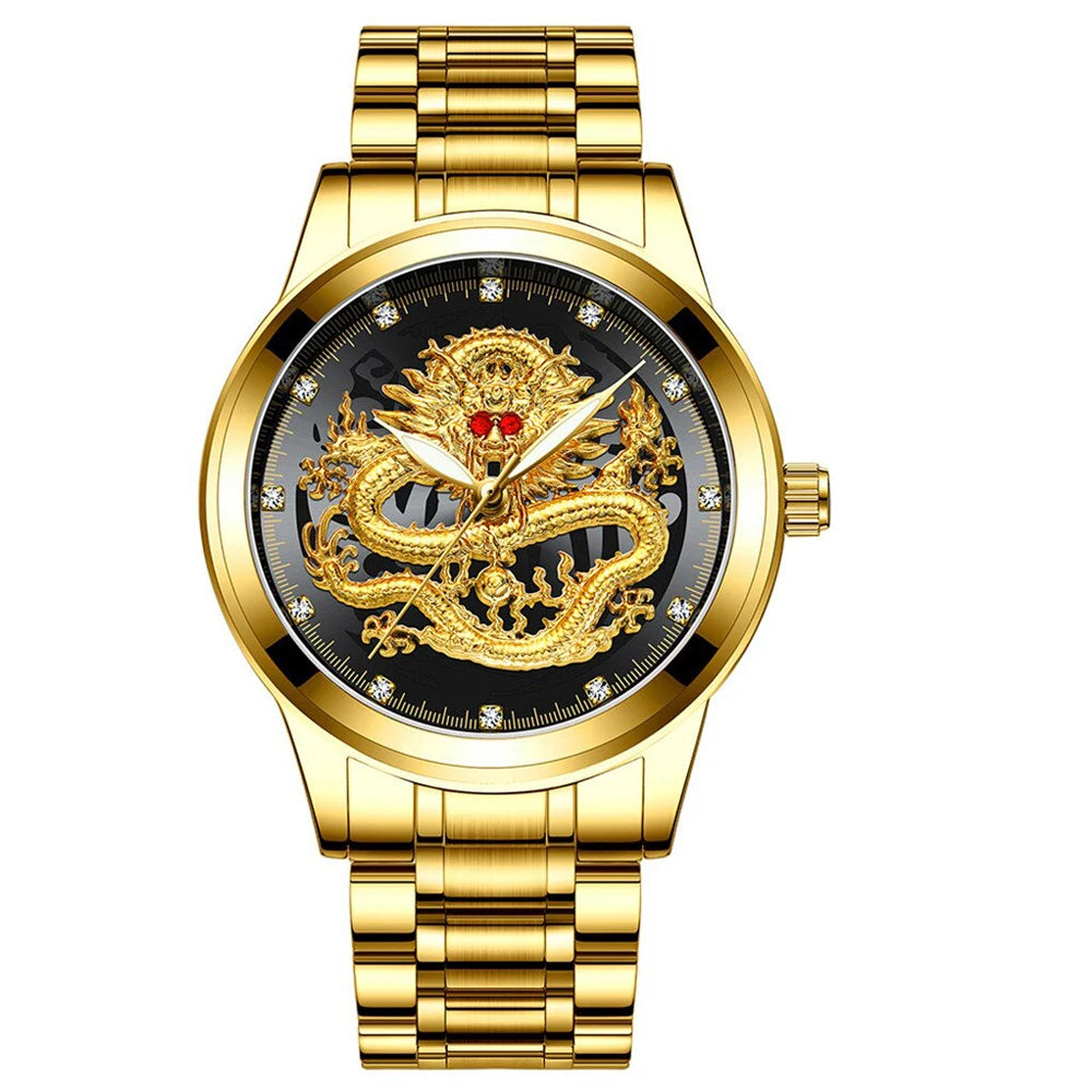 POSHI-reloj de cuarzo de acero inoxidable para hombre, cronógrafo de lujo con diseño Original de dragón dorado, resistente al agua