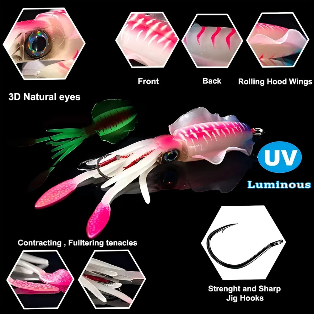 ZUKIBO-cebo de calamar suave para pesca, señuelo de pesca con curricán, plantillas con cabeza de pulpo, plantilla de calamar UV luminosa de 60g para pesca en barcos de aguas profundas, cebo Wobblers