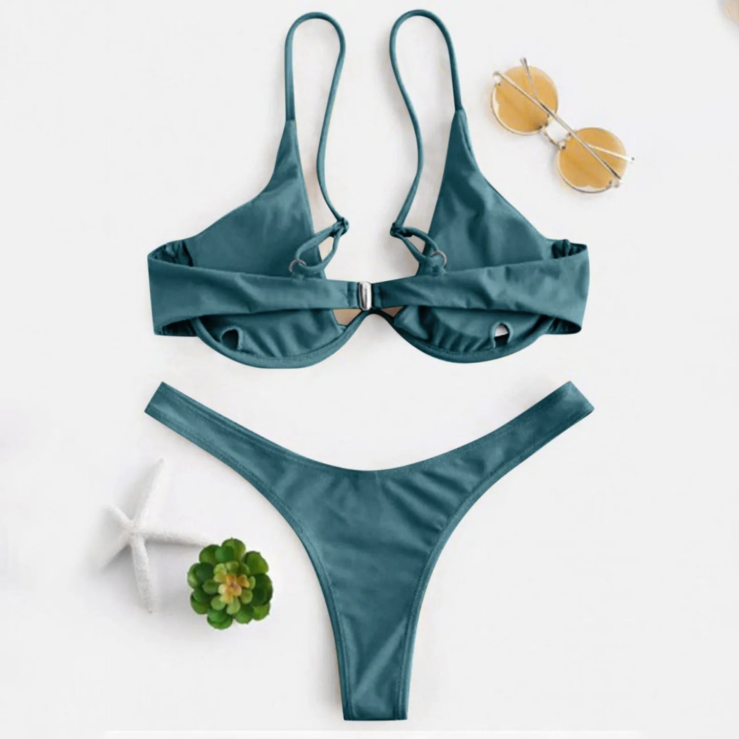 Bikini Sexy con aros para Mujer, traje de baño rojo liso con sujetador de realce, Tanga, traje de baño con cuello Halter y cuello de pico, Mini microtanga 2024