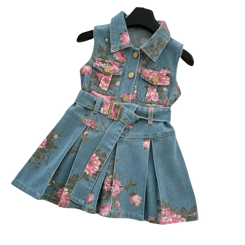 Vestido vaquero sin mangas con estampado Floral para niñas de 2 a 8 años, traje de verano a la moda con diseño elegante y cinturón
