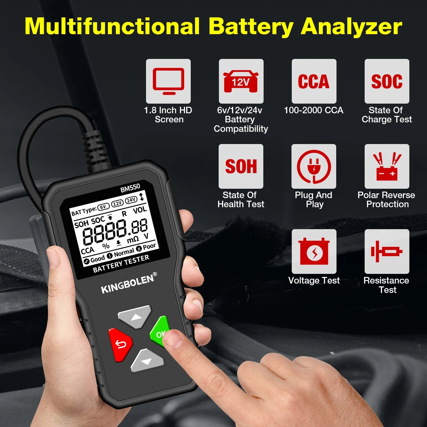 KINGBOLEN BM550, BM550 PLUS probador de baterÃa de coche 6V 12V 24V sistema de baterÃa detectar analizador de baterÃa automático herramienta de baterÃa de coche SOC SOH