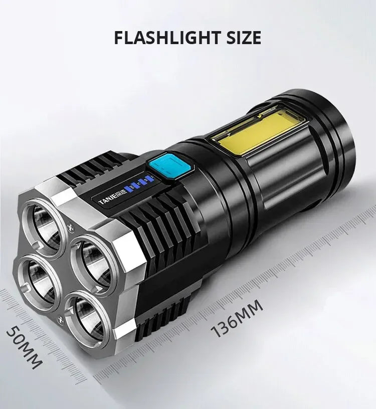 Linterna LED de luz fuerte para acampar, 4 lámparas y luces laterales COB, linterna de mano portátil recargable por USB para exteriores