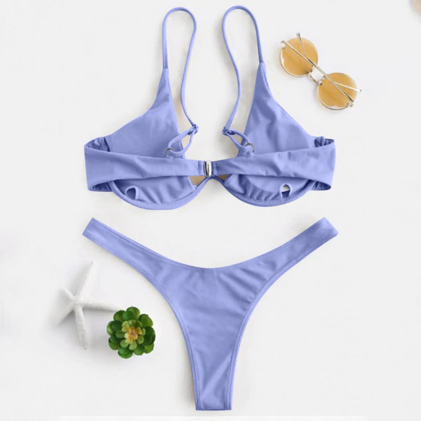 Bikini Sexy con aros para Mujer, traje de baño rojo liso con sujetador de realce, Tanga, traje de baño con cuello Halter y cuello de pico, Mini microtanga 2024