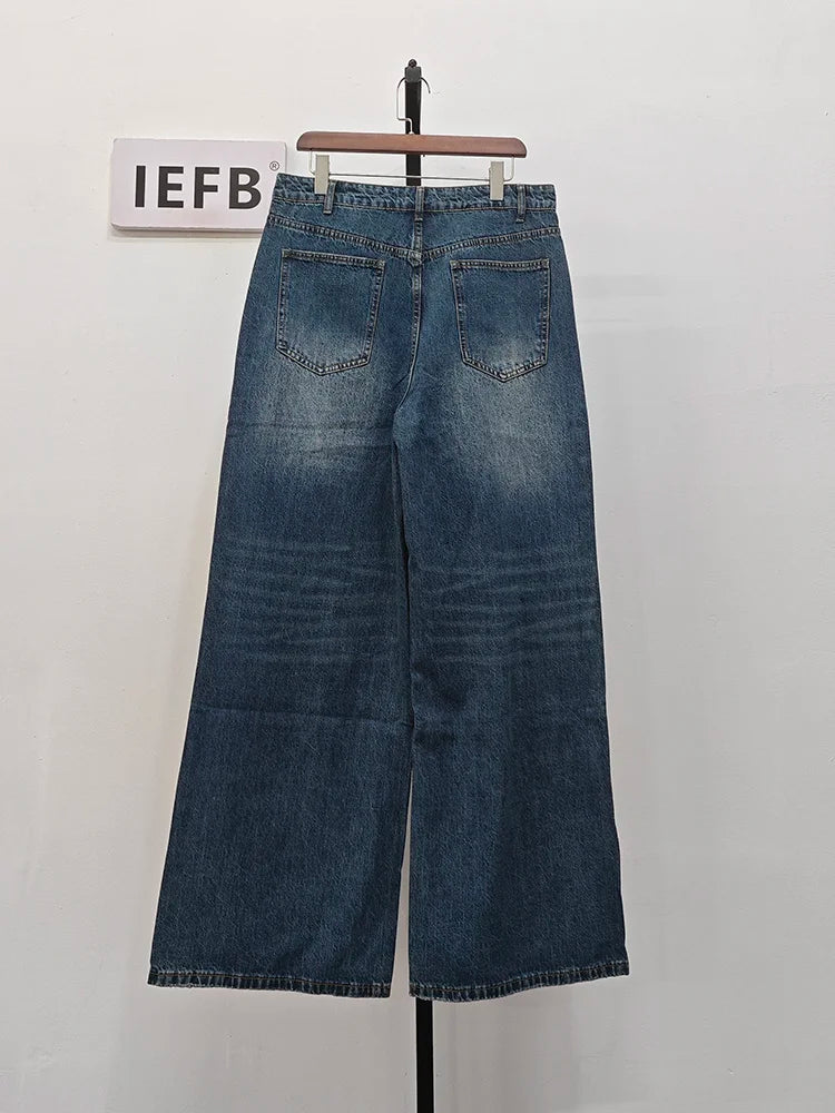 IEFB, pantalones vaqueros de verano para hombre, pantalones vaqueros lavados de color azul viejo para hombre, ropa informal recta para hombre, pantalones sueltos de pierna ancha, nueva moda 9C354