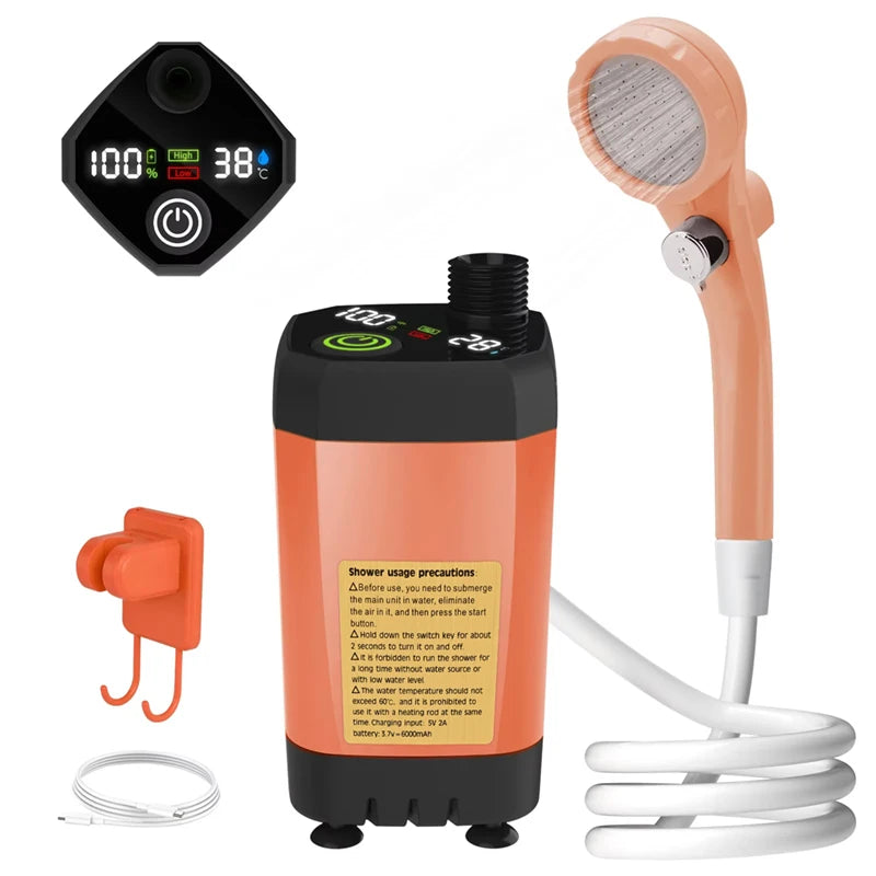 Bomba de ducha para acampar, Kit de ducha para exteriores RV, ducha de campamento con pantalla completa, pantalla Digital inteligente, Kit de ducha ajustable de 6000mAh