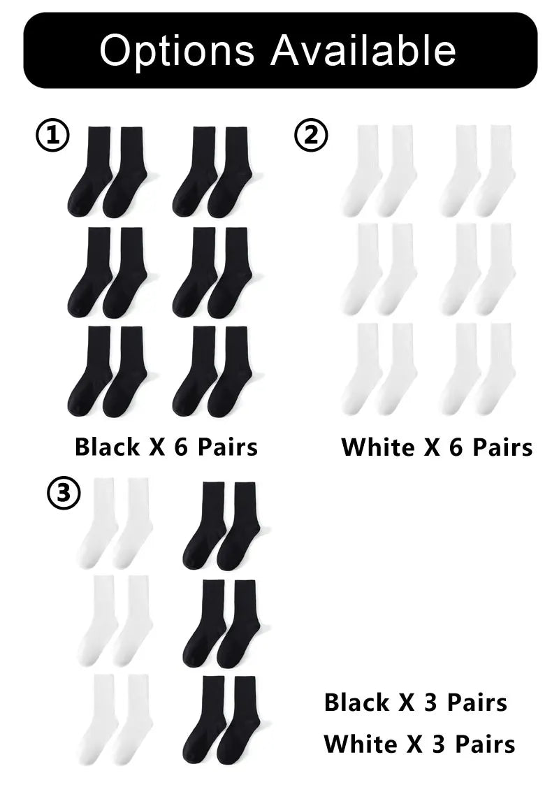 6/12 pares de calcetines de tubo medio para hombre Color sólido en blanco y negro ropa de calle Harajuku moda calcetines transpirables e informales