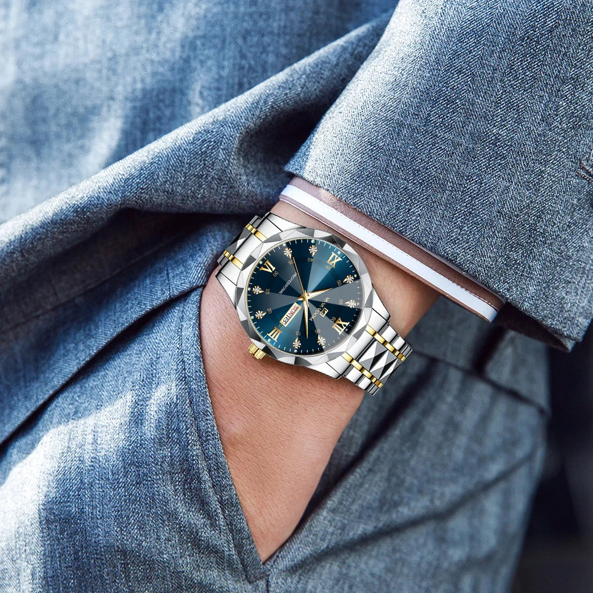 Reloj para hombre con diamantes de agua, lujo, brillo nocturno, doble calendario, movimiento de cuarzo, 41mm, oro azul, acero inoxidable, reloj de negocios de moda