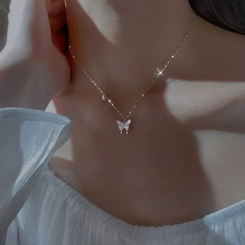 Collar de mariposa de plata para mujer, collar con colgante de circón de cristal para mujer y niña, collar de cadena de cristal, joyerÃa de fiesta