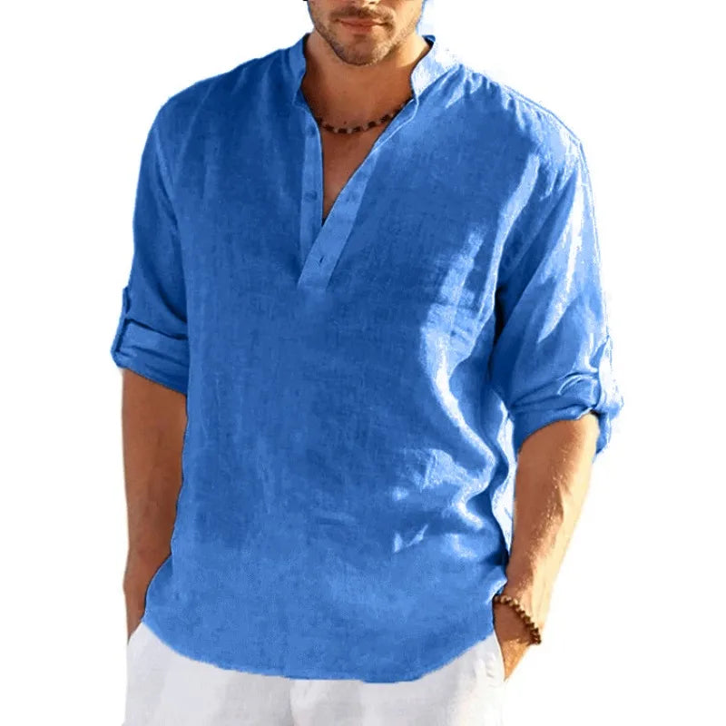 Nueva camiseta de manga larga de lino para hombre, camisa holgada informal transpirable de Color sólido, camisas de algodón para hombre, ropa de calle ligera de diseñador