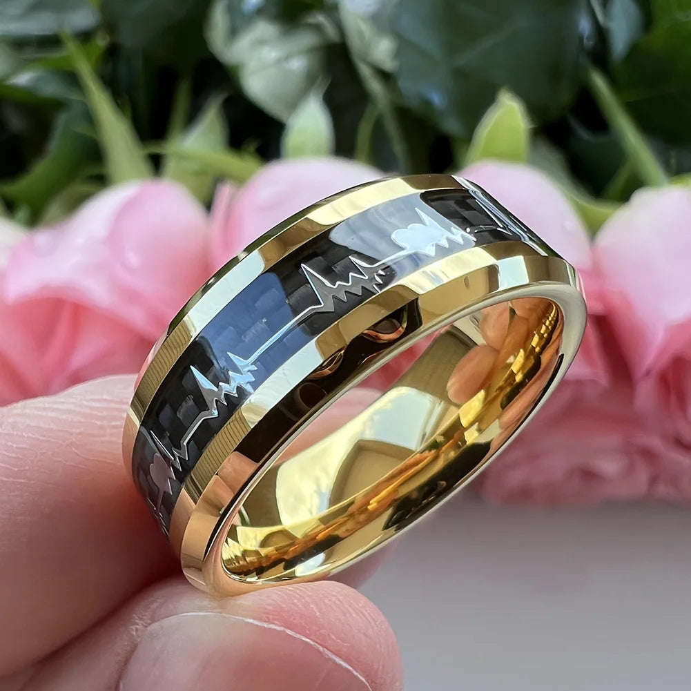 Anillos de compromiso de carburo de tungsteno con incrustaciones de corazón de fibra de carbono negra de 8mm a la moda, alianzas de boda con cúpula, pulido, brillante, ajuste cómodo