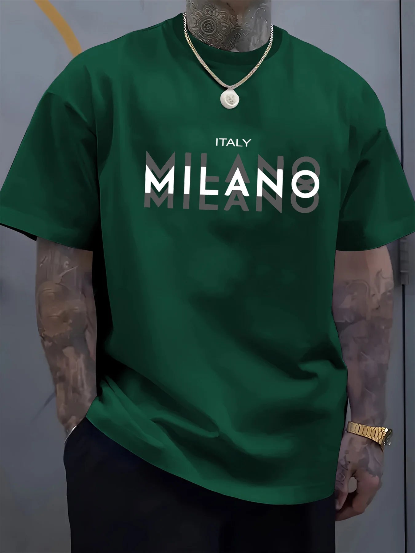 Camiseta holgada informal de algodón puro 100% de verano para hombre de talla grande con estampado de MILANO italiano, cómoda camiseta de manga corta con cuello redondo