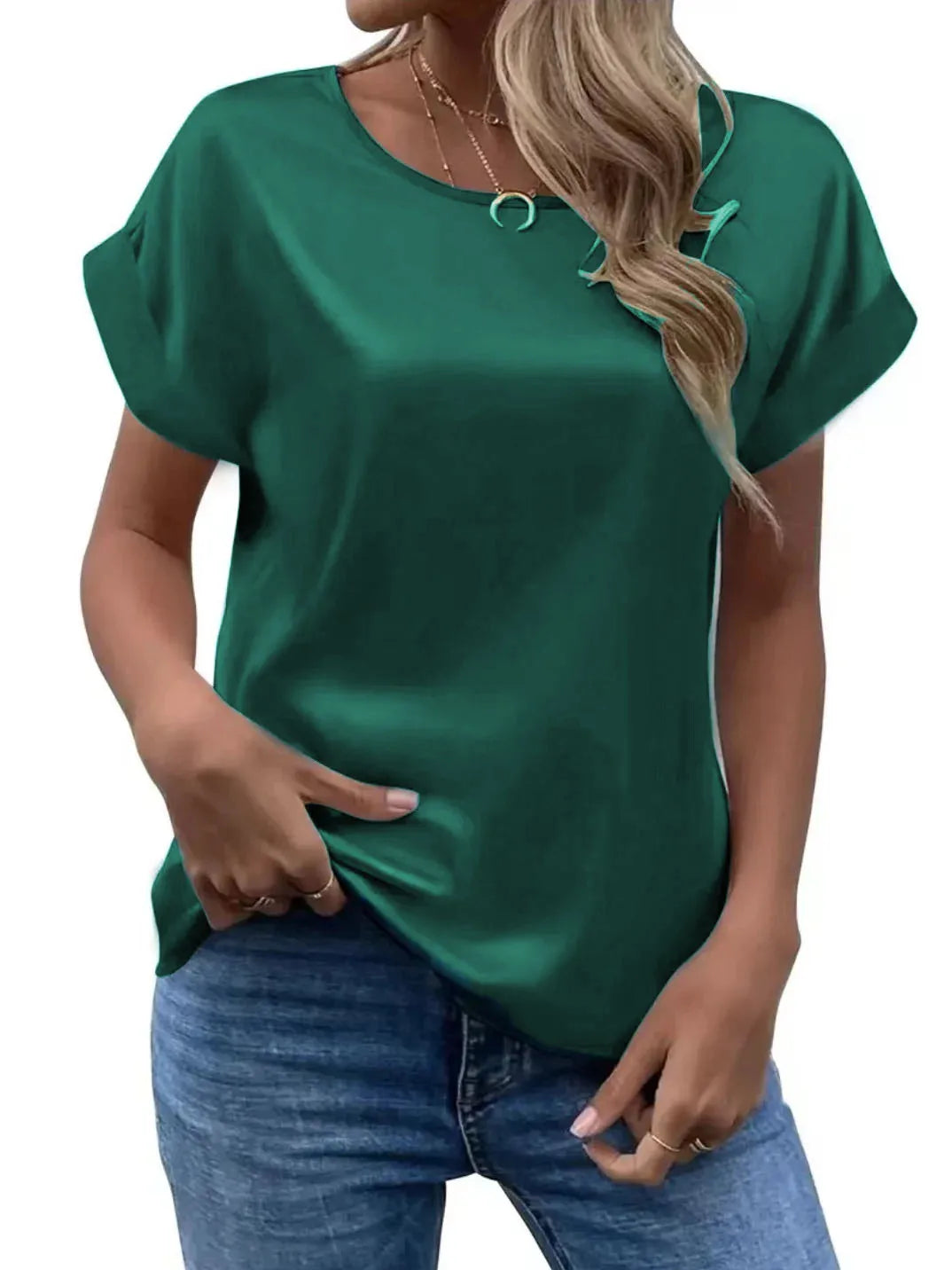 Blusas de satén de estilo veraniego para mujer, camisas informales con manga de ala de murciélago y cuello redondo, Blusas holgadas de Color sólido