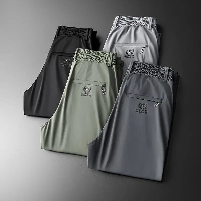 Pantalones informales finos de tela de seda de hielo suave para hombre, pantalón recto de estilo coreano, de alta elasticidad, marca de lujo, verano 2024