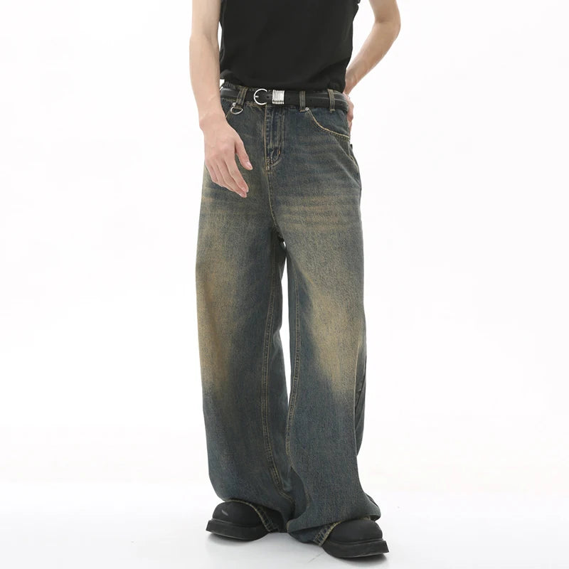 IEFB, pantalones vaqueros de verano para hombre, pantalones vaqueros lavados de color azul viejo para hombre, ropa informal recta para hombre, pantalones sueltos de pierna ancha, nueva moda 9C354