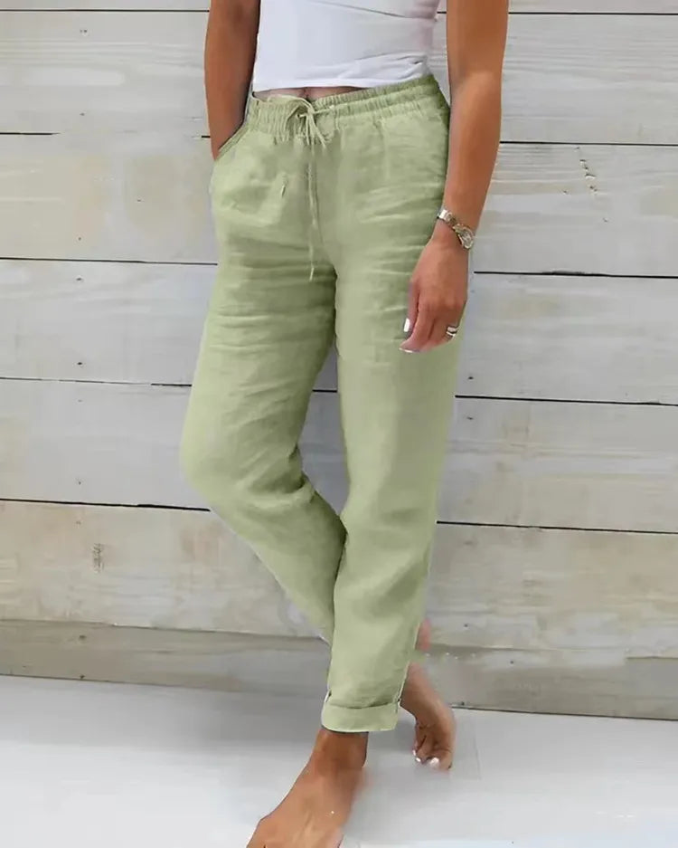 Pantalones de verano de lino y algodón para mujer, pantalones informales elásticos de cintura alta, ropa de calle lisa para mujer, pantalones pitillo holgados 2024
