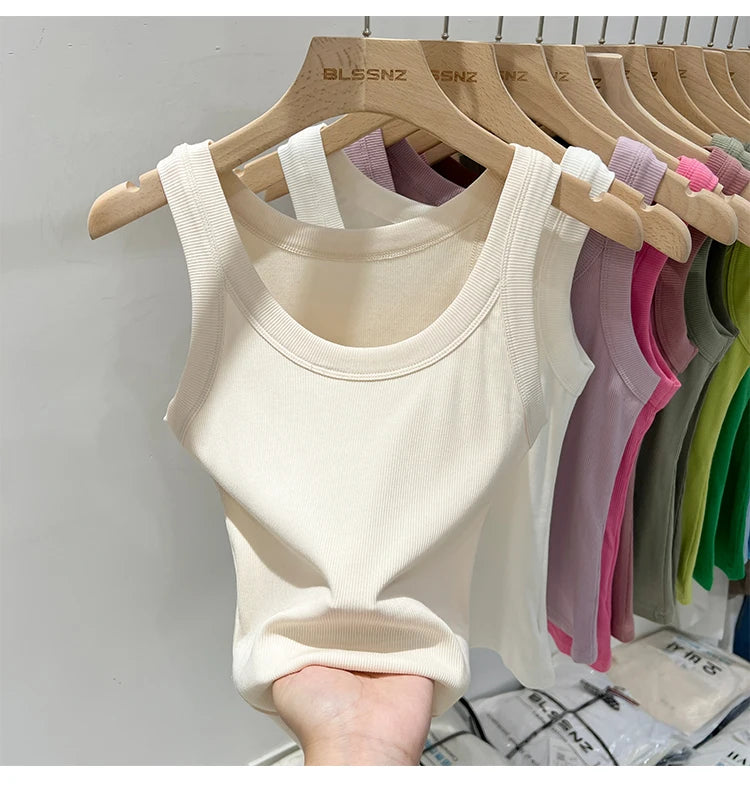 Zjaiss, camiseta sin mangas acanalada con cuello redondo liso para mujer, camisola para mujer, camiseta sin mangas elástica básica de verano 2025, camiseta sin mangas sólida con cuello redondo