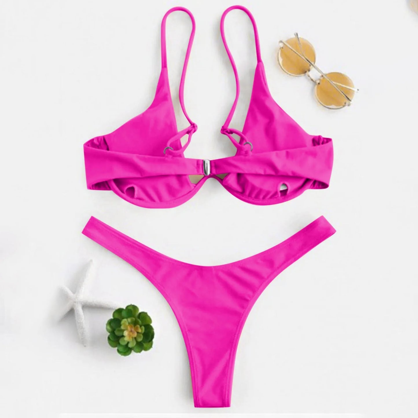 Bikini Sexy con aros para Mujer, traje de baño rojo liso con sujetador de realce, Tanga, traje de baño con cuello Halter y cuello de pico, Mini microtanga 2024