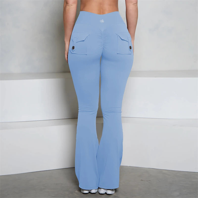 BUM gris bolsillo acampanado Scrunch Butt pantalones PB mujeres ajustado Sexy pantalones de cintura alta Push Up deporte Fitness Flare Leggings