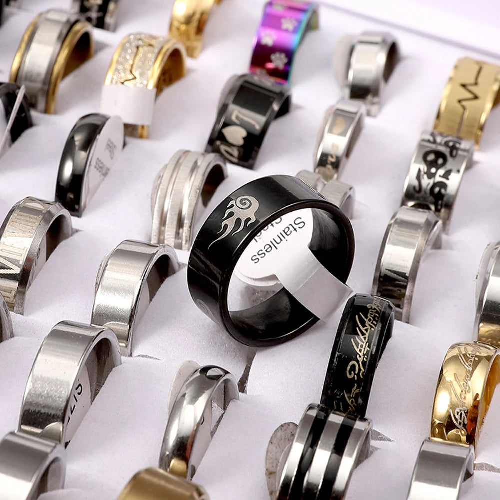 JoyerÃÂa de moda, venta al por mayor, 100 unids/lote, anillos de acero inoxidable, regalo de fiesta, anillos de boda, estilo mixto, anillos para hombre y mujer