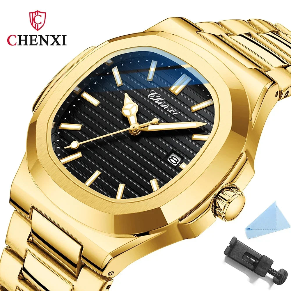 CHENXI 8222 reloj de negocios informal luminoso de acero inoxidable dorado de lujo para hombres relojes de pulsera de cuarzo de moda resistente al agua