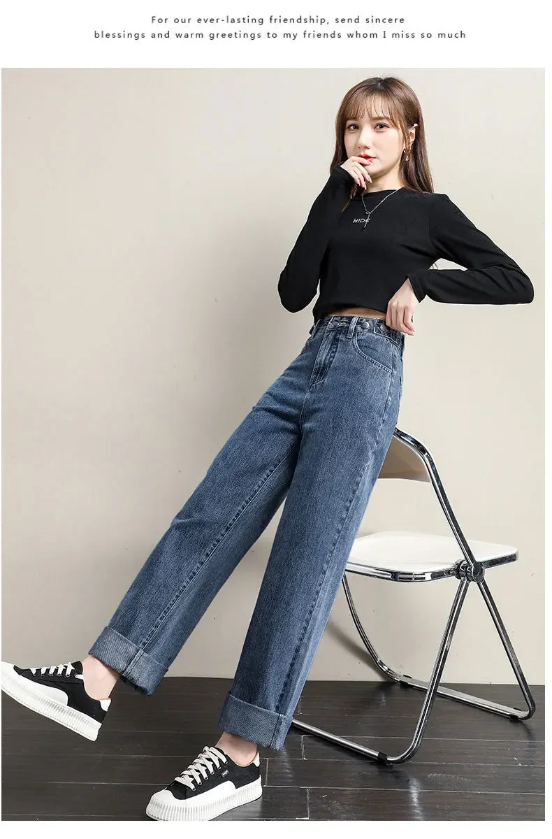 Pantalones vaqueros sueltos para mujer, diseño de cintura alta, entrepierna recta ajustable, pantalones de estilo Retro, tela de algodón, estilo informal cómodo