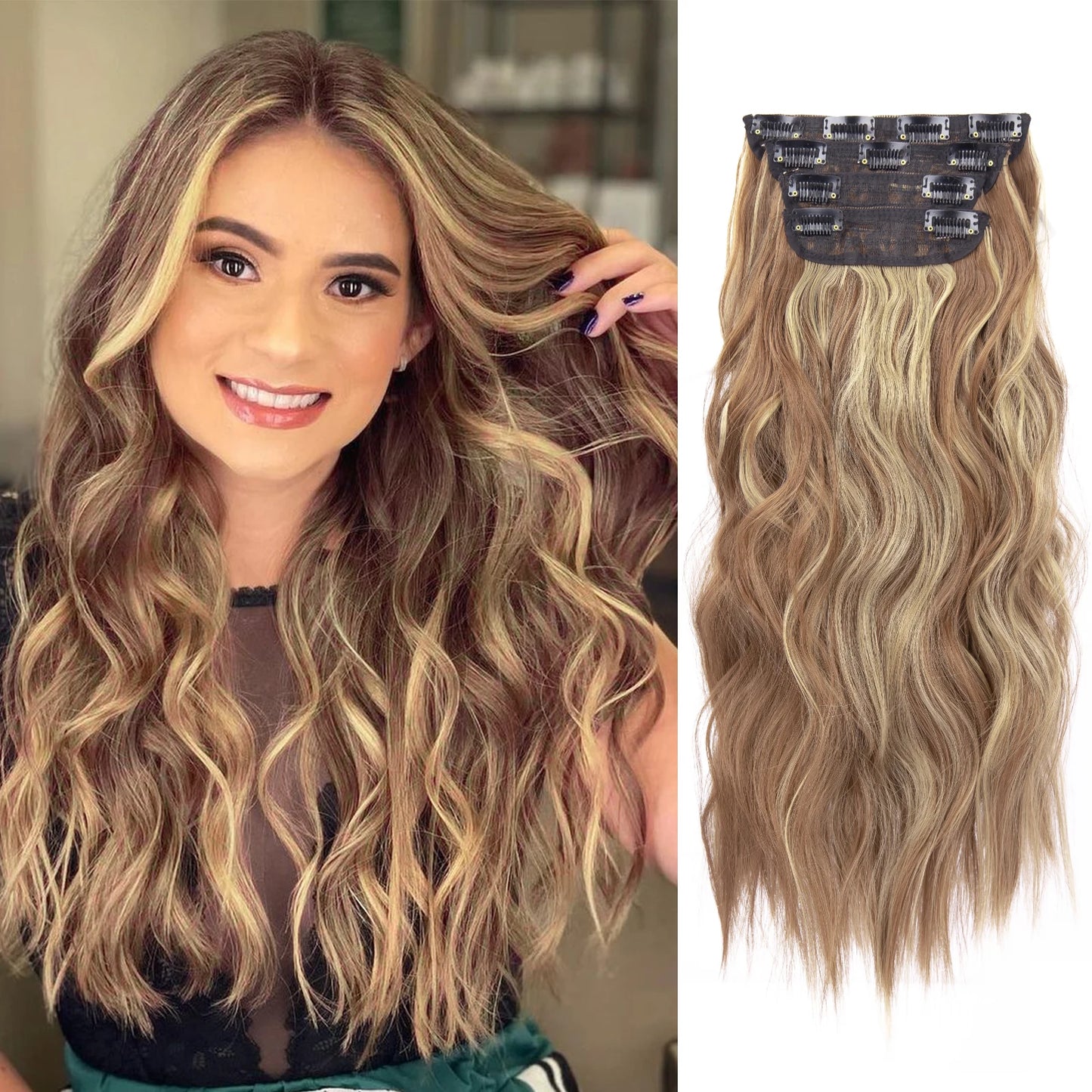 4 unids/set 20 pulgadas Clip de pelo sintético en postizos gruesos y largos ondulados para mujeres extensiones de cabello sintético de cabeza completa postizos ombré