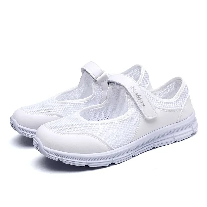 Zapatos vulcanizados transpirables para mujer, zapatillas de deporte de malla transpirable a la moda, zapatos de trabajo informales para caminar, color blanco