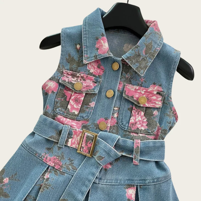 Vestido vaquero sin mangas con estampado Floral para niñas de 2 a 8 años, traje de verano a la moda con diseño elegante y cinturón
