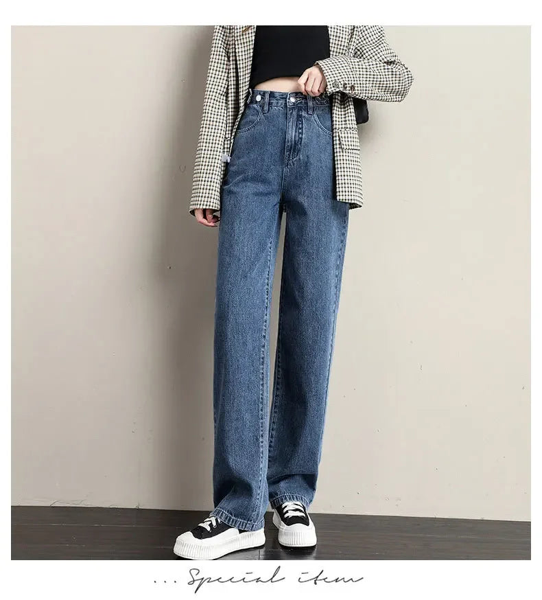 Pantalones vaqueros sueltos para mujer, diseño de cintura alta, entrepierna recta ajustable, pantalones de estilo Retro, tela de algodón, estilo informal cómodo