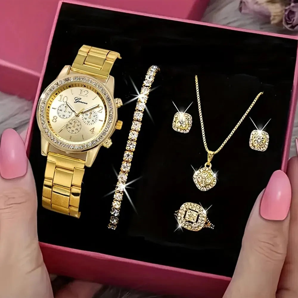 Juego de 5 piezas de reloj de oro para mujer, anillo de lujo, collar, pendientes, diamantes de imitación, reloj de pulsera de moda, relojes casuales para mujer, conjunto de pulsera