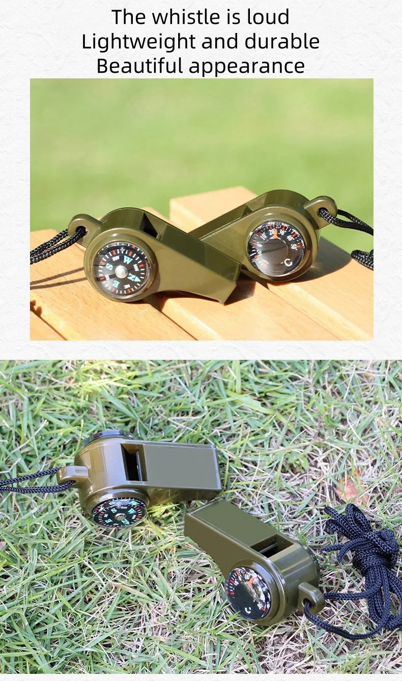 Silbato 3 en 1 para acampar, equipo de supervivencia de emergencia, brújula, termómetro para exteriores, necesita Color verde militar con cuerda