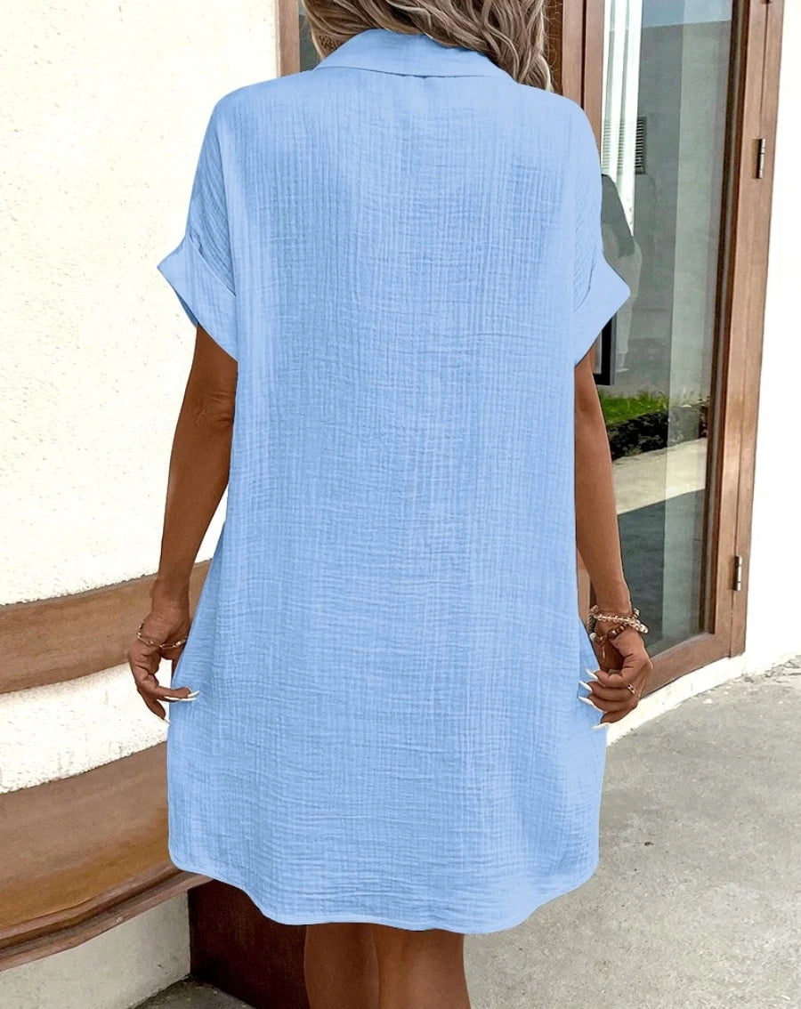 Minivestido Vintage liso para mujer, moda de verano con cuello en V, manga tres cuartos, vestido de lino y algodón, Vestidos informales para vacaciones