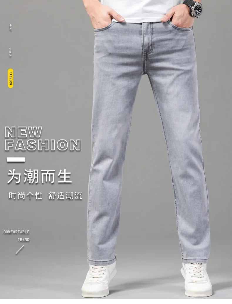 Pantalones vaqueros finos de algodón elástico para hombre, pantalón informal, recto, cómodo, color gris, a la moda, para verano